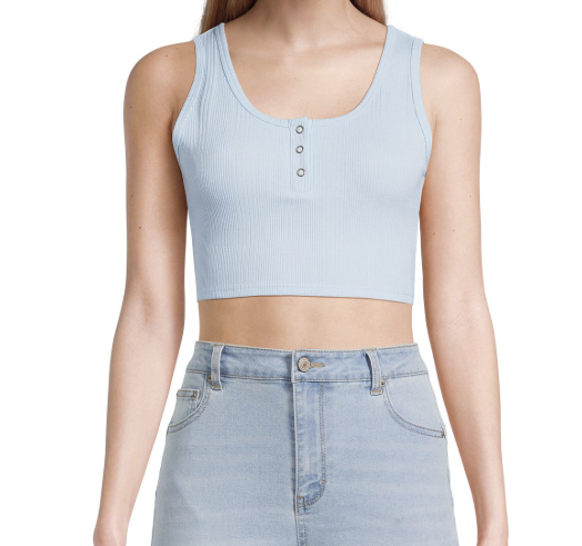 No Boundaries Crop Henley Tank Top, Women's and Women's Plus- Blue