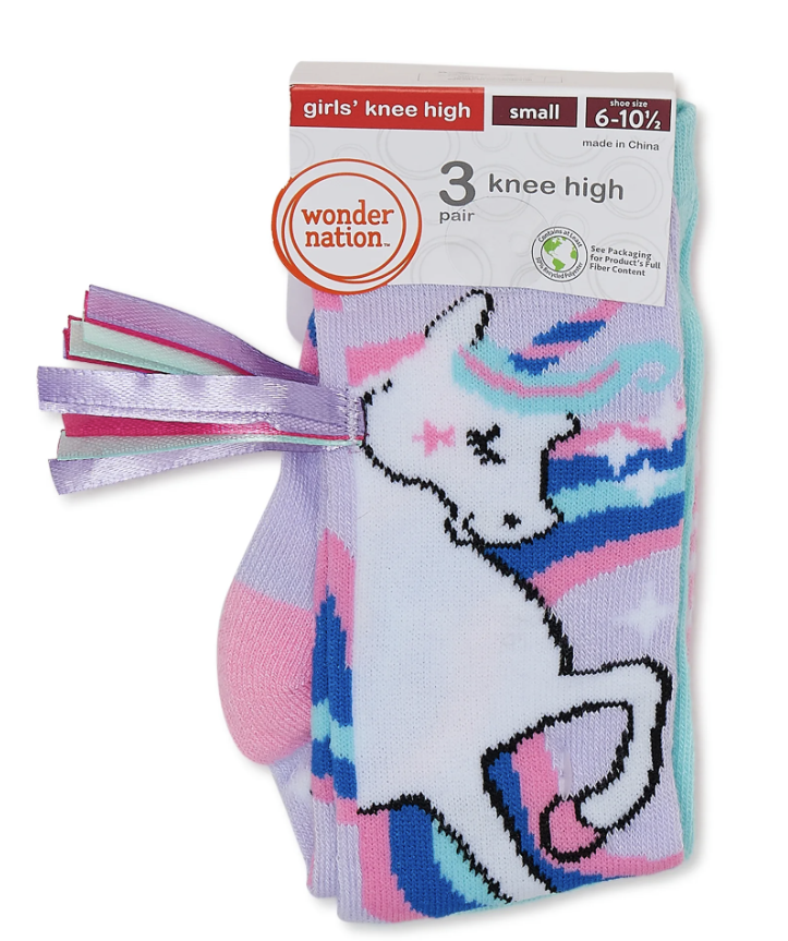 Wonder Nation Girls Knee High Fashion Socks, 3-Pack- Unicorn